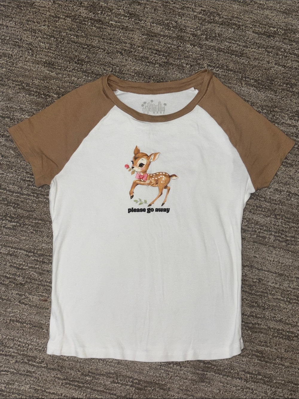 OG BABE White Cotton Tee with Brown Raglan Sleeves and Deer Graphic